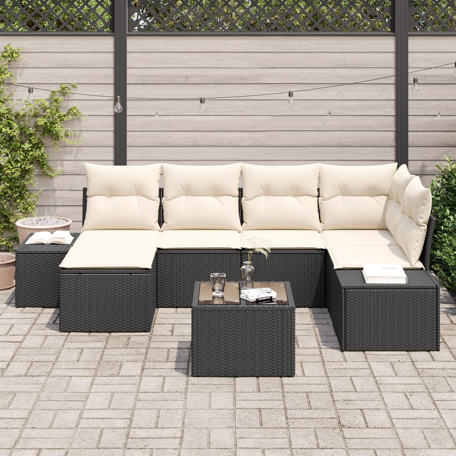 Tuin Sofa Set Set Van 7 Zwart En Crème Rattan, Polyester