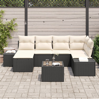 Tuin Sofa Set Set Van 7 Zwart En Crème Rattan, Polyester