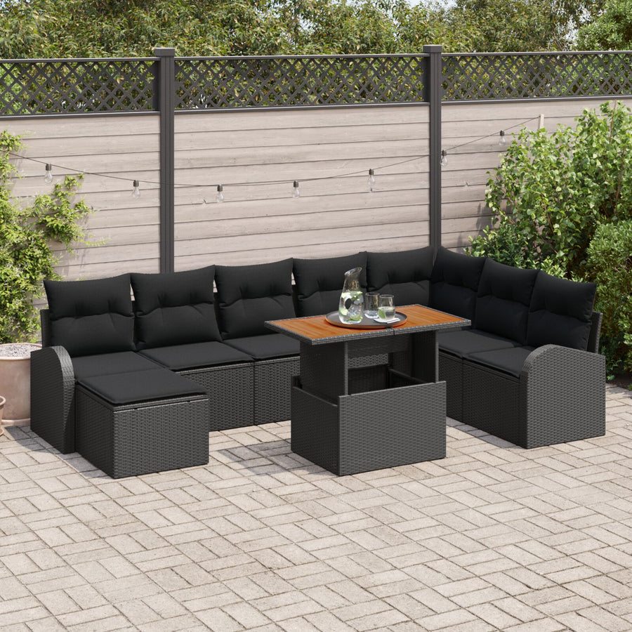 9-Delige Tuin Eetset Met Kussens Zwart Poly Riet Acacia