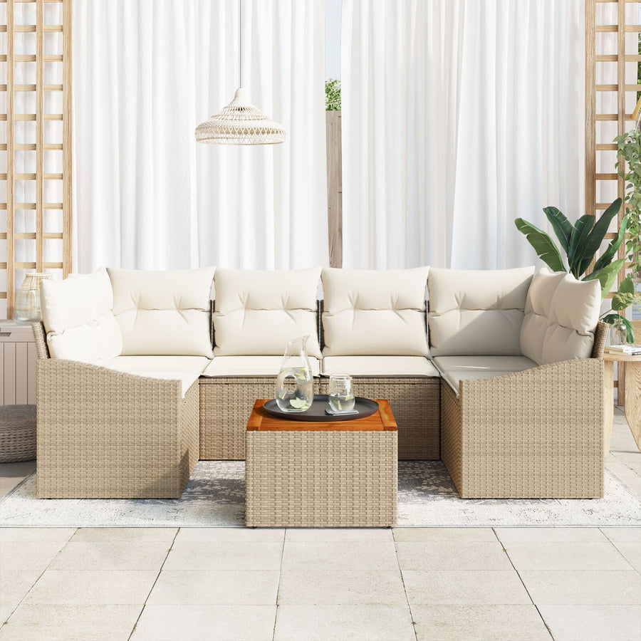 7-Delige Tuinbankstel Met Kussens Beige Poly Rattan Acacia