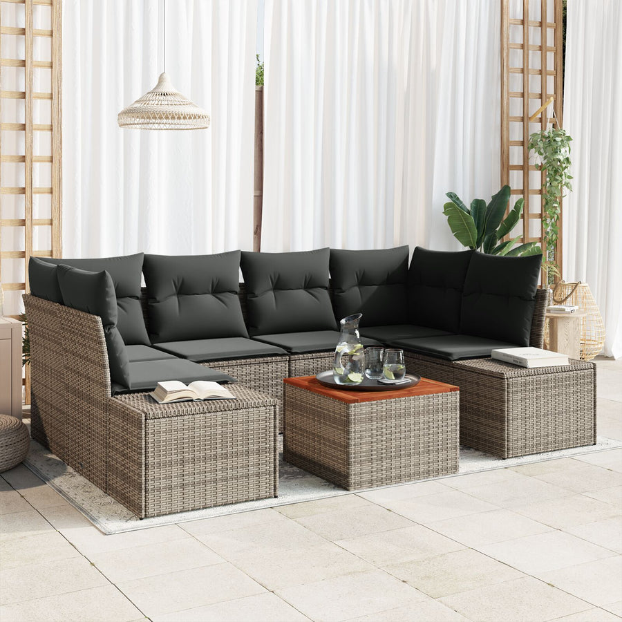 7 Delen Tuin Sofa Set Met Kussens Grijs Poly Rattan Acacia