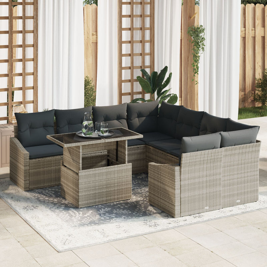 Tuinbankset Set Van 9 Beigetinten Rattan, Glas, Stof Tuinbankset