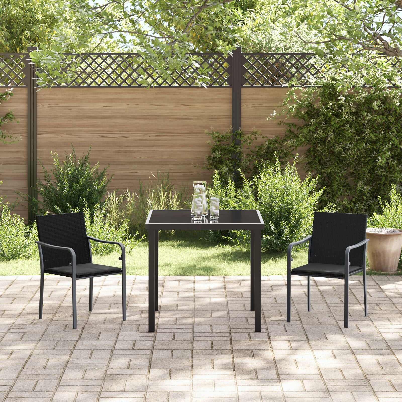 3-Delige Tuin Eettafelset Met Kussens - Poly Rattan 2-Zitter Zwart 80 cm