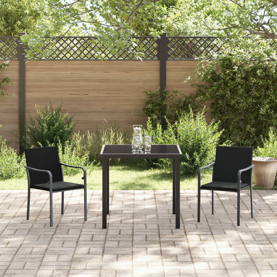 3-Delige Tuin Eettafelset Met Kussens - Poly Rattan 2-Zitter Zwart 80 cm