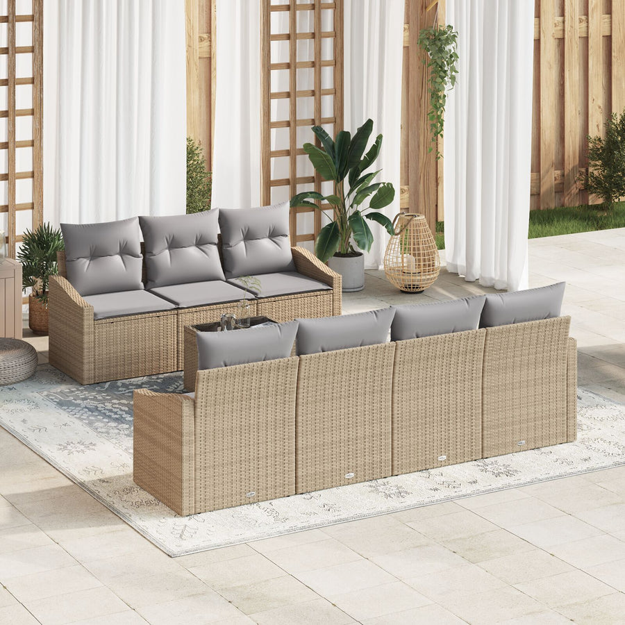 8-Delige Tuinstoelenset Met Kussens Beige Poly Rattan