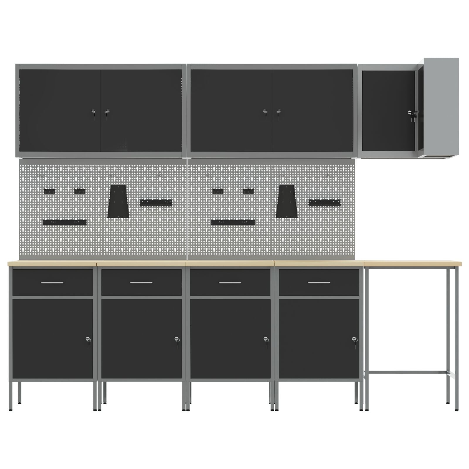 12-Delige Werkmeubel En Pegboard Set Mdf En Metaal 4x (84 cm) Zwart Tafel + 7x kast + 4x pegboard
