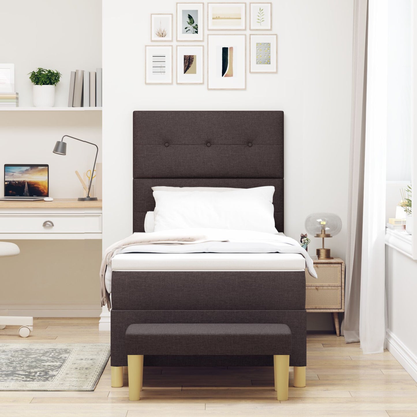 Boxspring Bed Met Matras & Bank Stof Donkerbruin 80 x 200 cm Knop getuft