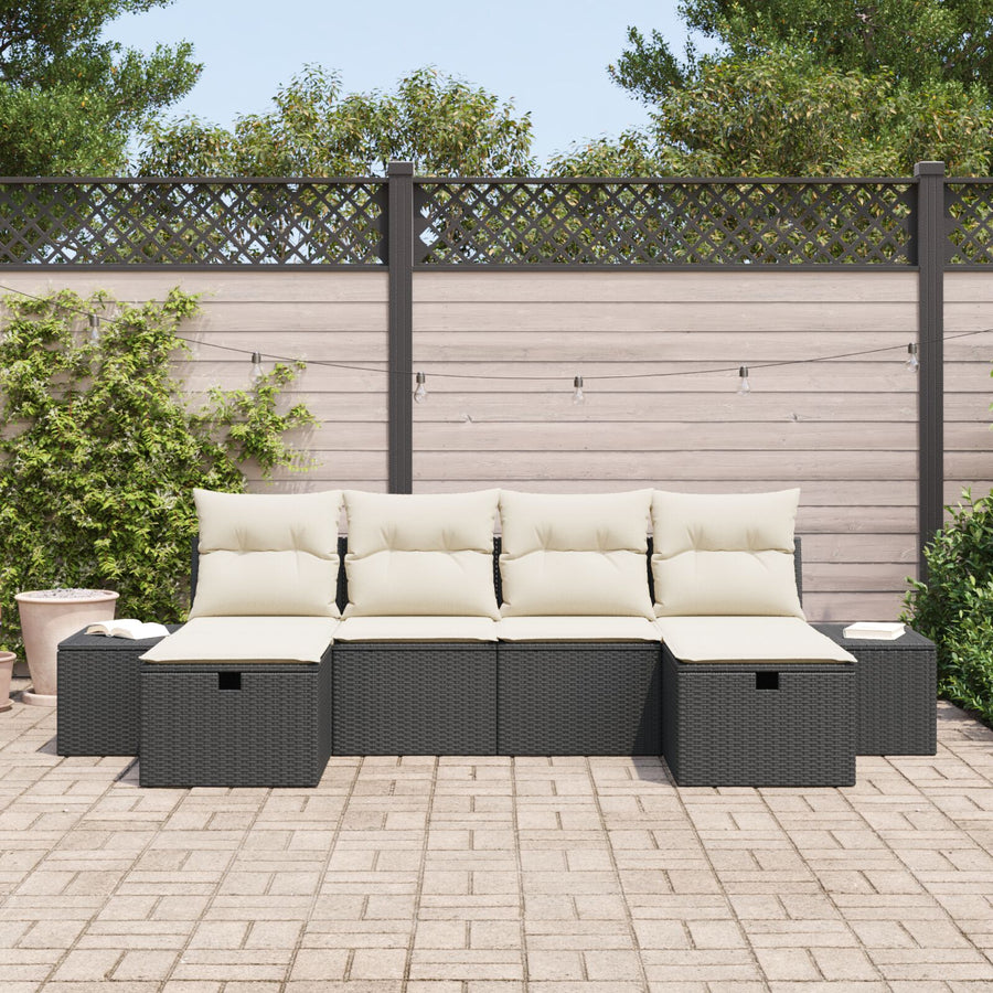 6-Delige Tuinbankset Met Kussens Zwart Poly Rattan