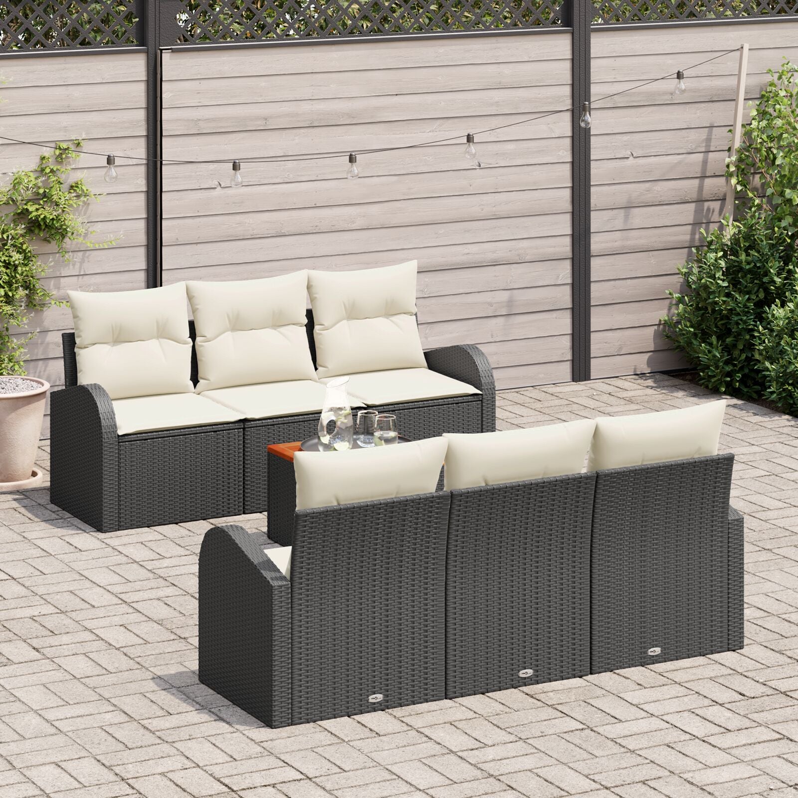 7-Delige Tuin Sofa Set Met Kussens Zwart Poly Rattan Acacia
