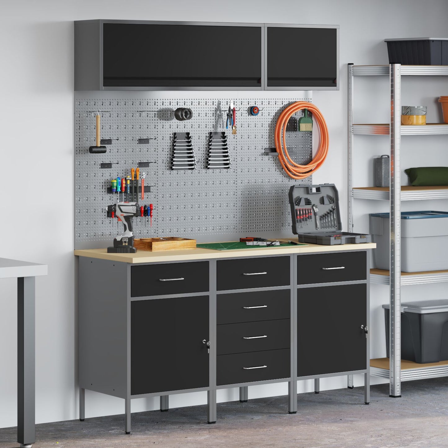 8-Delige Werkbankset Staal 3x (84/84/85 cm) Zwart 3x kast + 3x pegboard + 2x kast met deur
