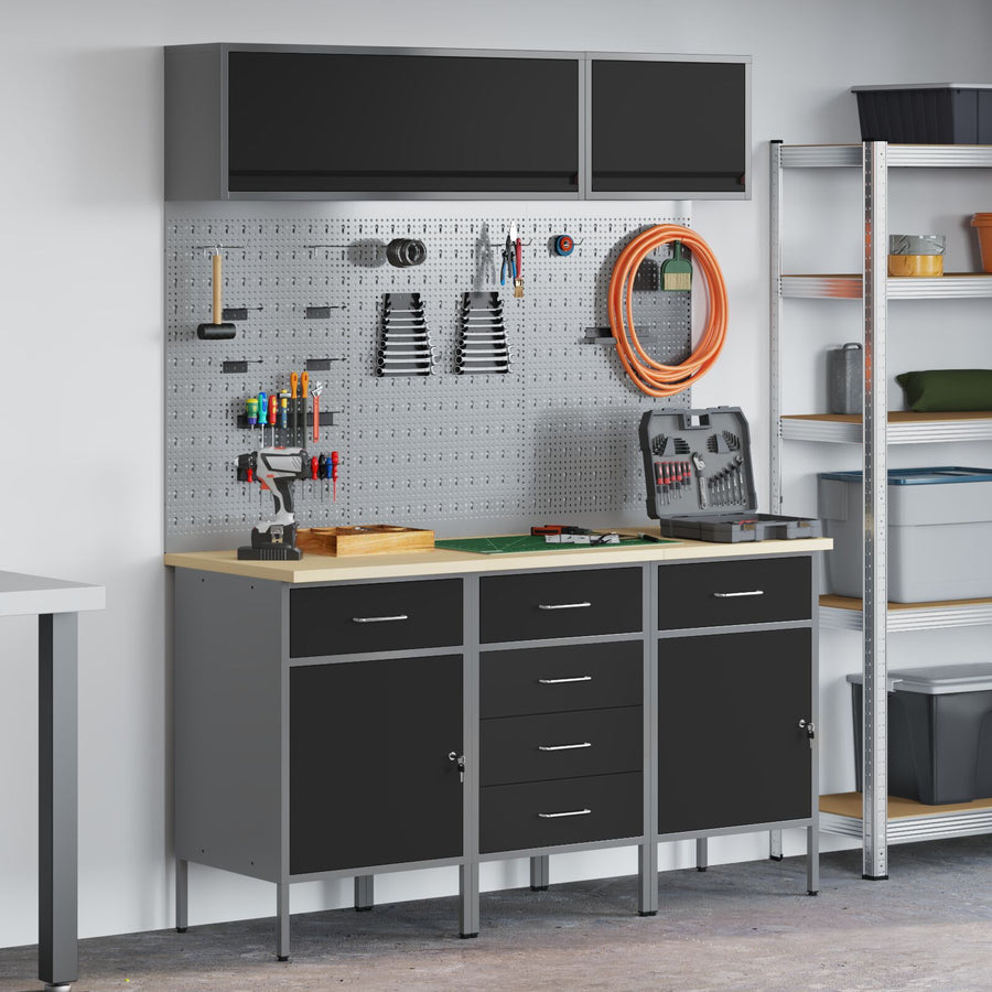 8-Delige Werkbankset Staal 3x (84/84/85 cm) Zwart 3x kast + 3x pegboard + 2x kast met deur