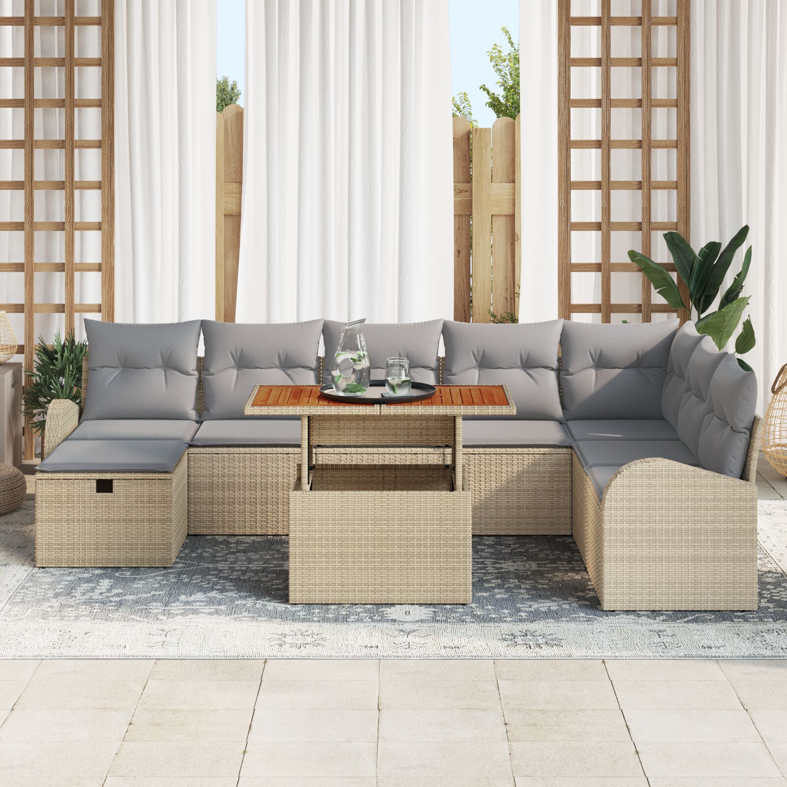 9-Delige Tuinbank Set Met Kussens Beige Poly Riet