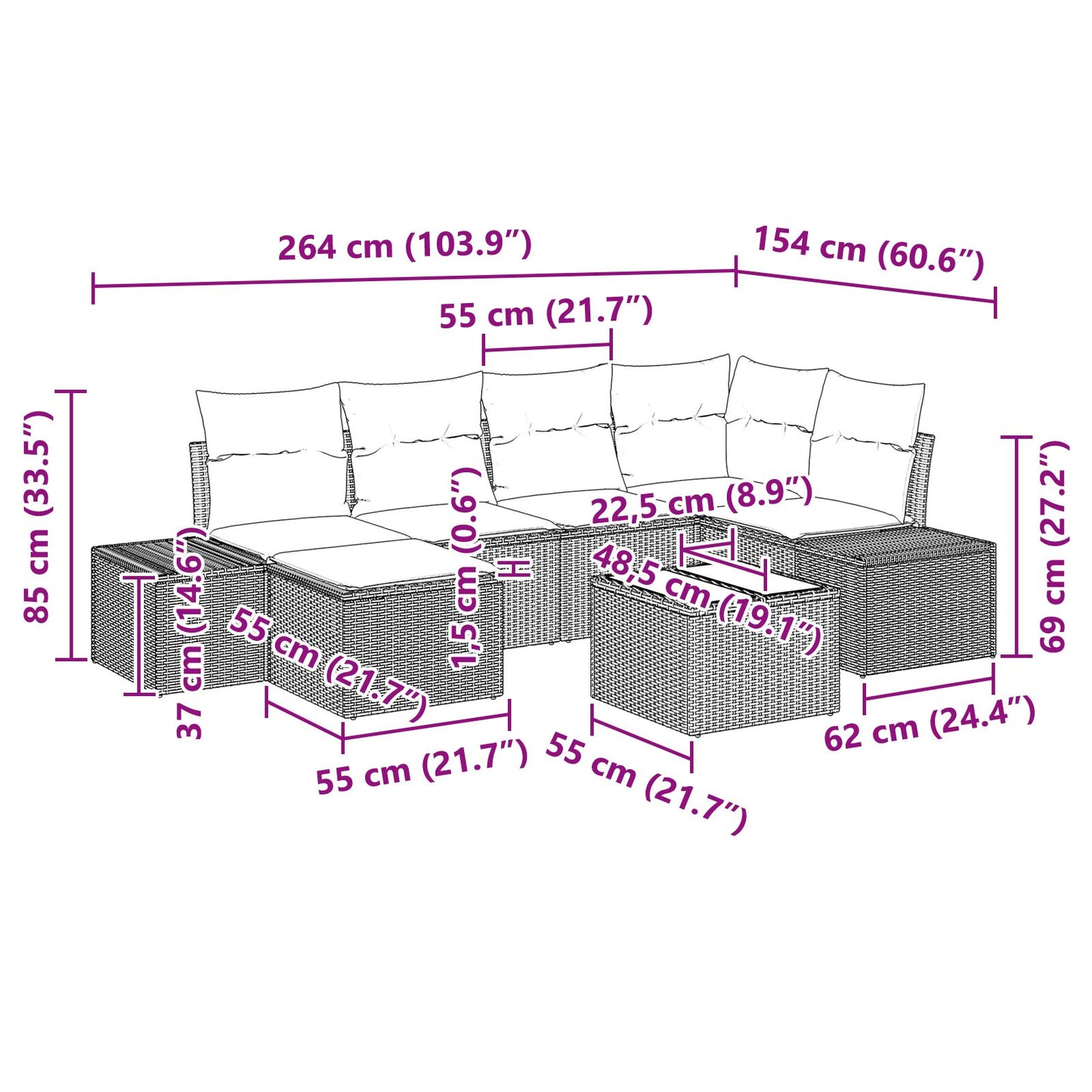 Tuin Sofa Set Set Van 7 Zwart En Crème Rattan, Polyester