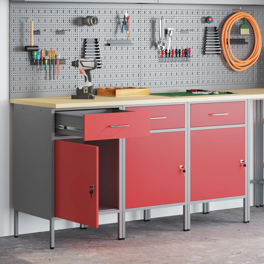Werktafel 3-Delig En Grijs Van Geengineerd Hout En Staal 3x (84 cm) Rood 3x cabinet