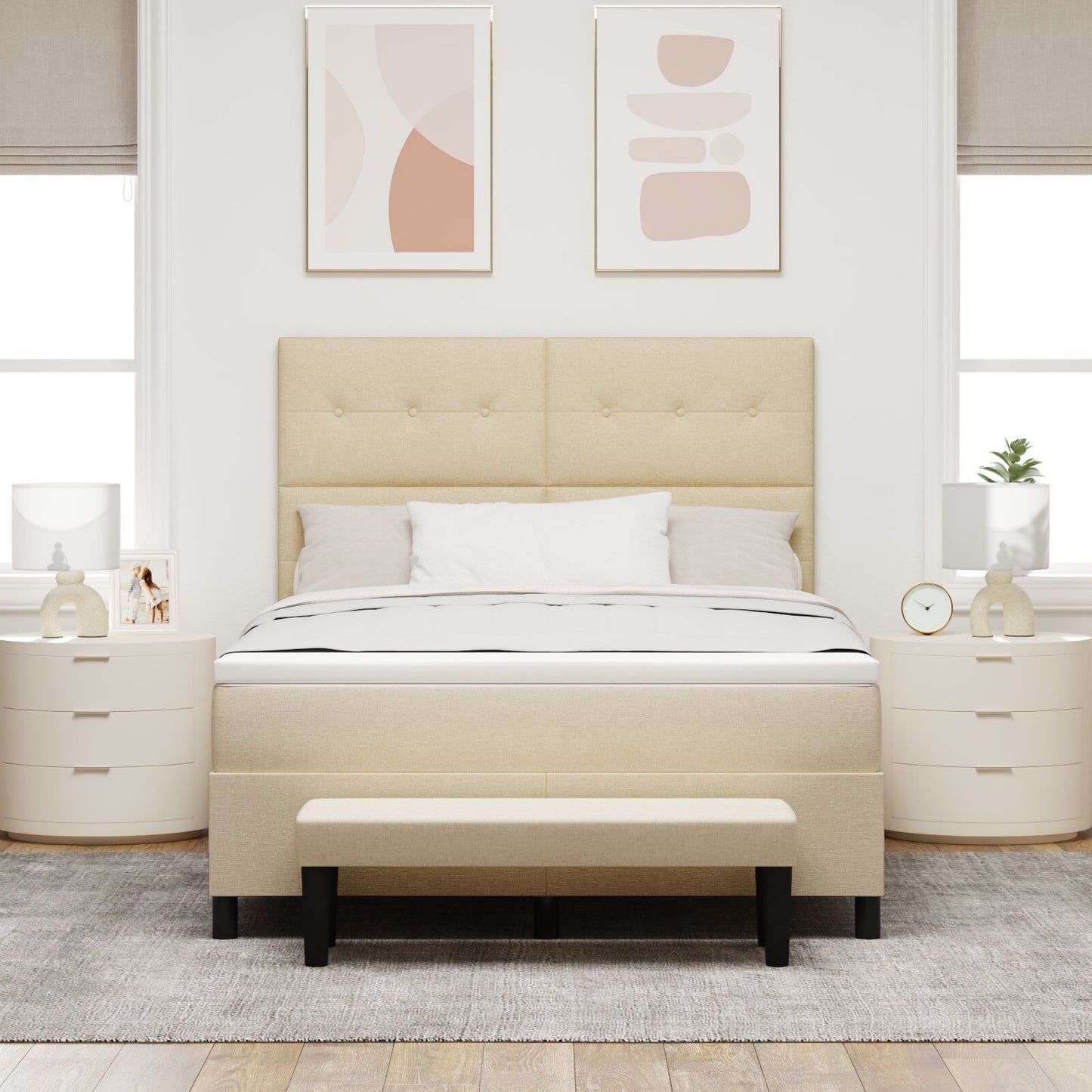Boxspringbed Met Matras En Bench Stof Crème 160 x 200 cm Knop tufted