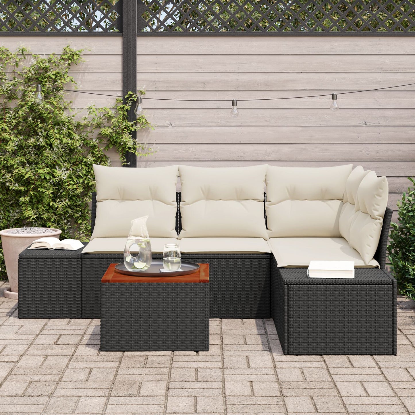 5-Delige Tuinstoelset Met Kussens Zwart Poly Rattan Acacia