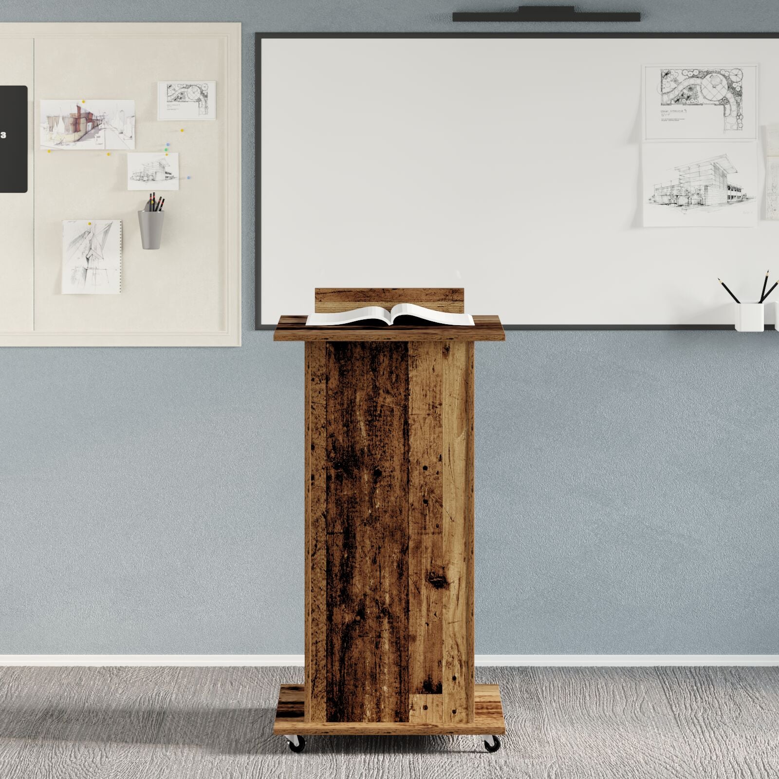 Leskantoor Podium Met Wielen Oud Hout Bewerkt Hout