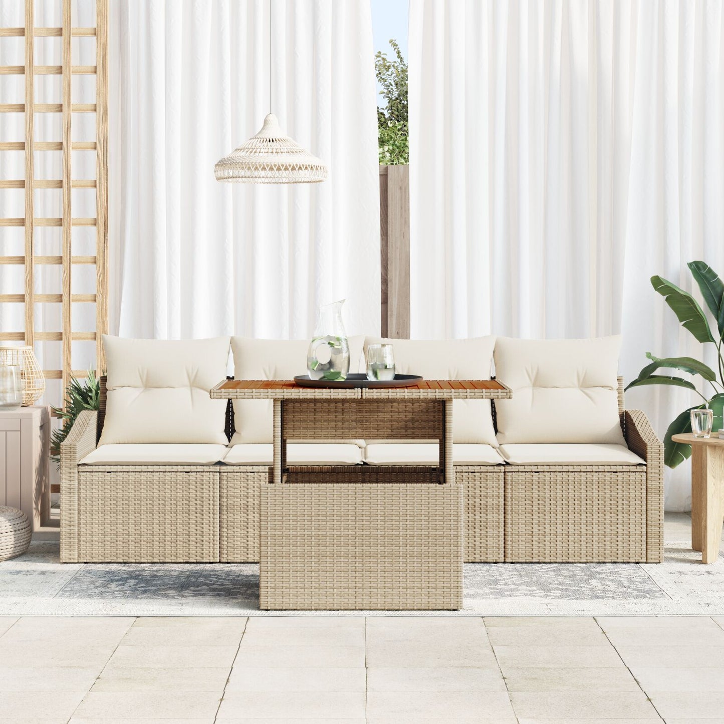 Tuinbank Set Set Van 5 Beige Rattan Buitenbank Rechthoekig