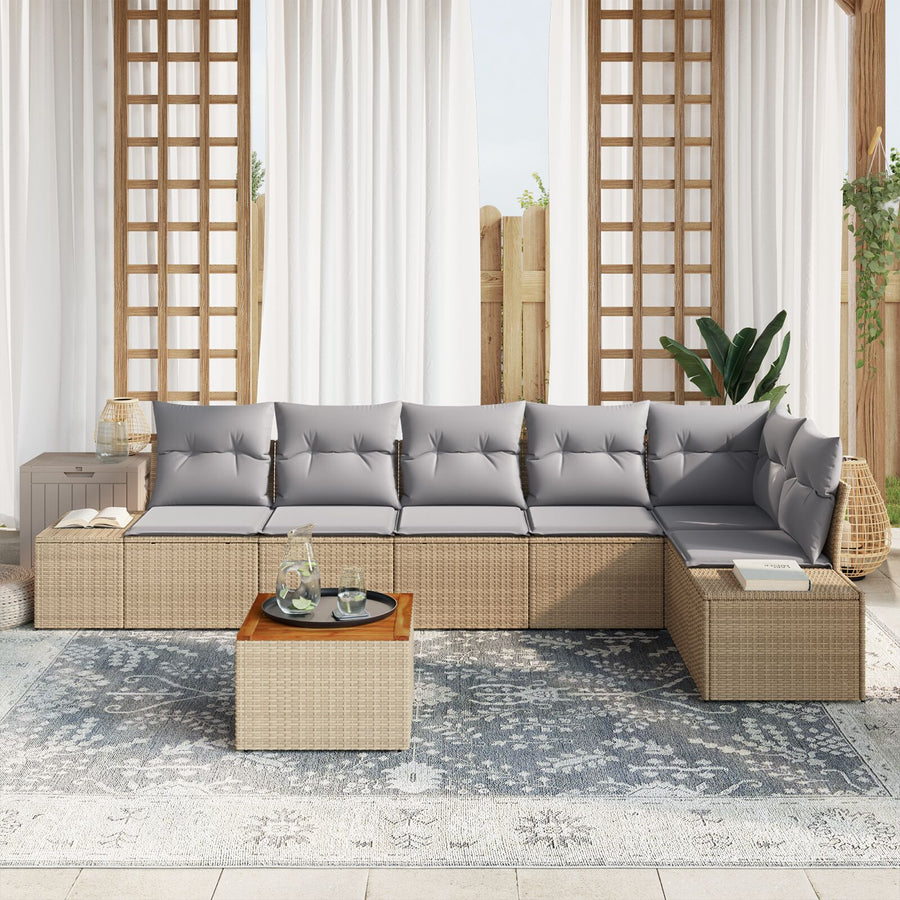 7-Delige Tuinbankset Met Kussens Beige Poly Rattan Acacia