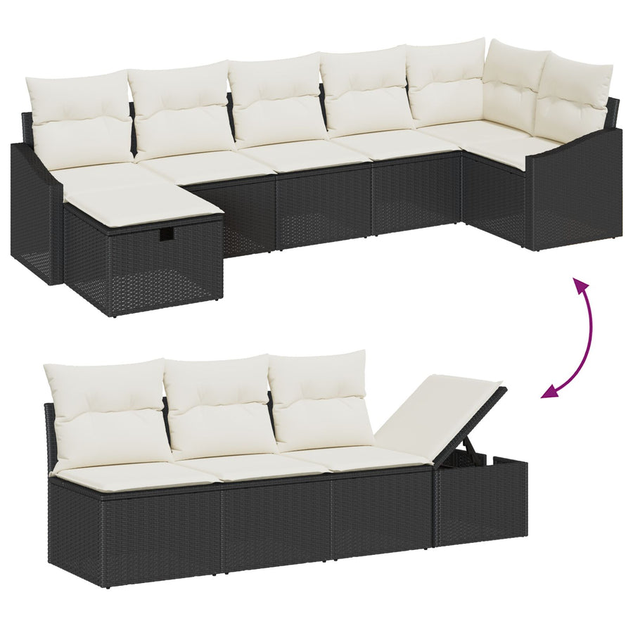 7-Delige Tuinbank Set Met Kussens Zwarte Poly Rattan