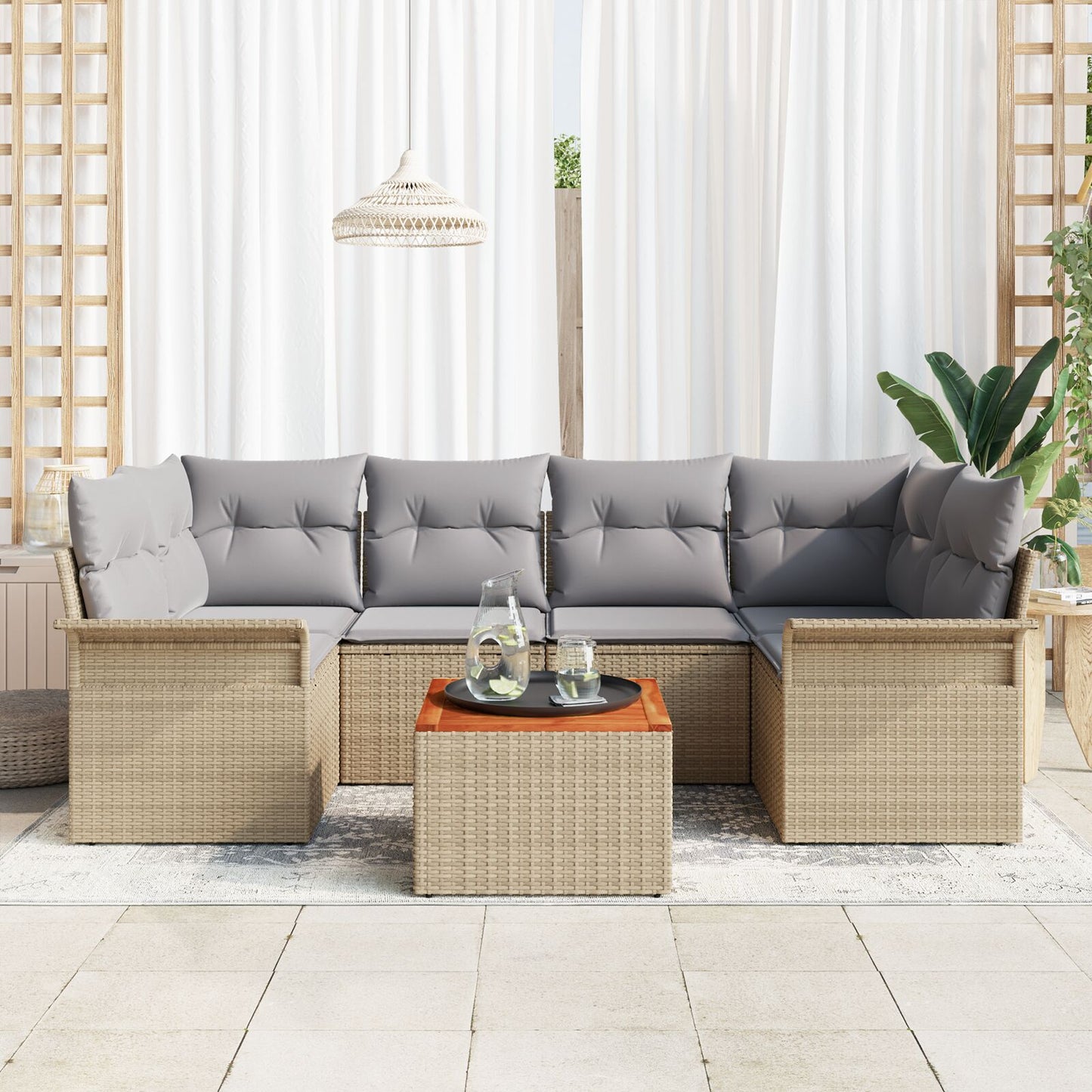 7-Delige Tuinbank Set Met Kussens Beige Poly Rattan Acacia
