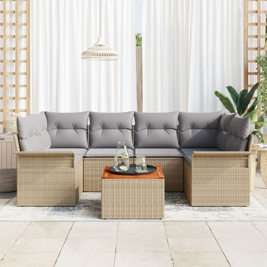 7-Delige Tuinbank Set Met Kussens Beige Poly Rattan Acacia
