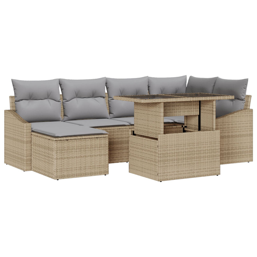 7-Delige Tuinsofa Set Met Kussens Beige Poly Rattan