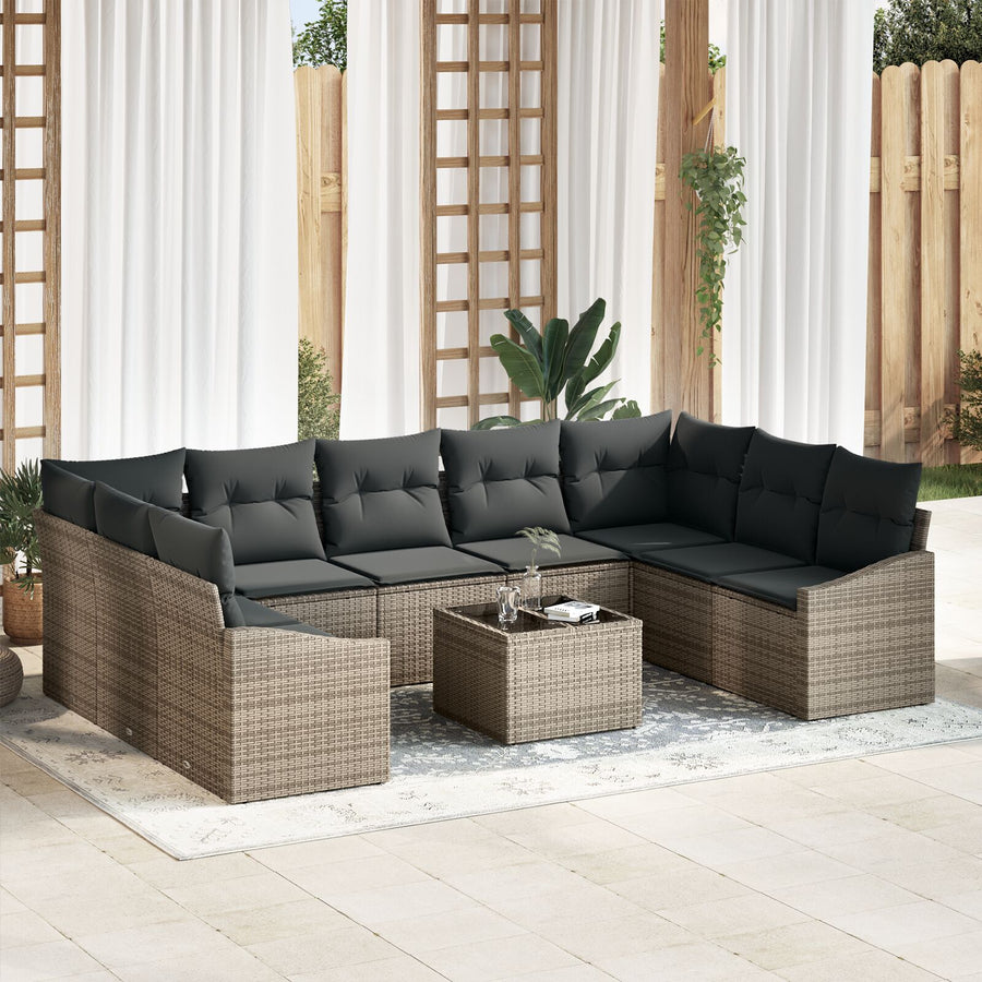 9-Delige Tuinbankset Met Kussens Zwart Poly Rattan Grijs met tafel