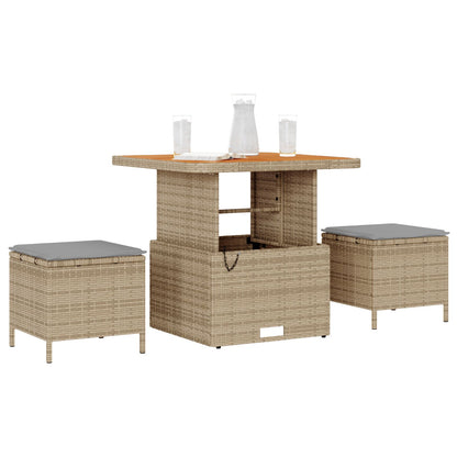 3-Delige Tuin Eetset Met Kussens Poly Rattan Acaciahout 80 cm Beige en grijs 2 stools