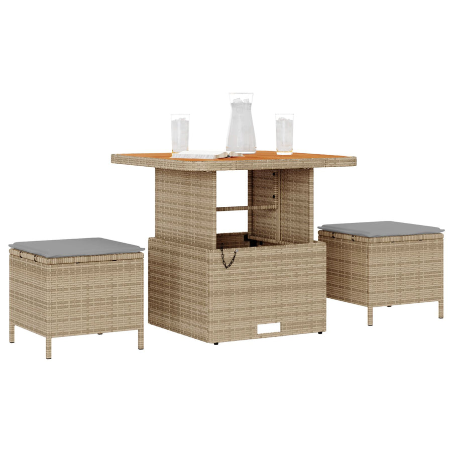 3-Delige Tuin Eetset Met Kussens Poly Rattan Acaciahout 80 cm Beige en grijs 2 stools