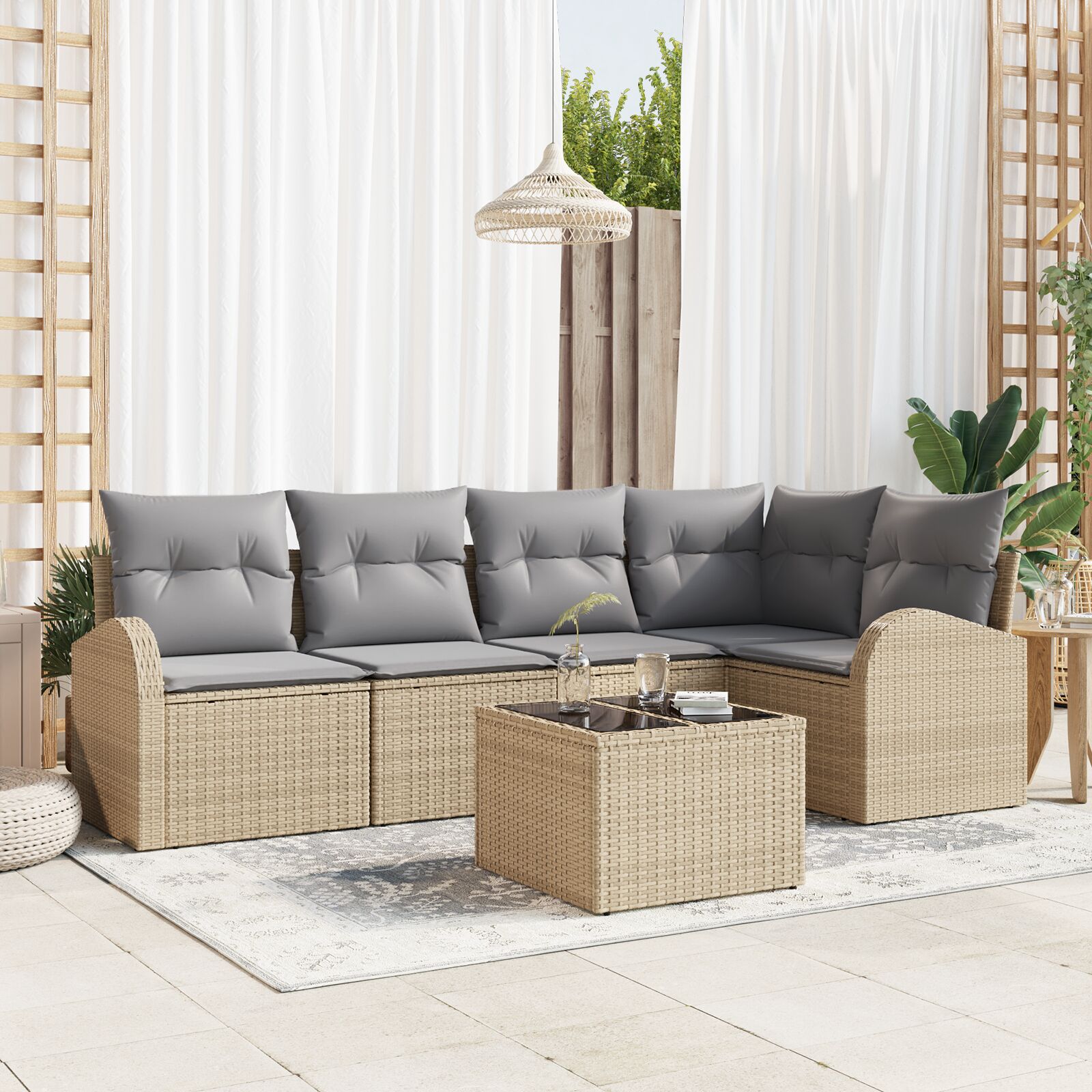 6 Delige Tuin Sofa Set Met Kussens Zwarte Poly Rattan Beige en grijs met tafel