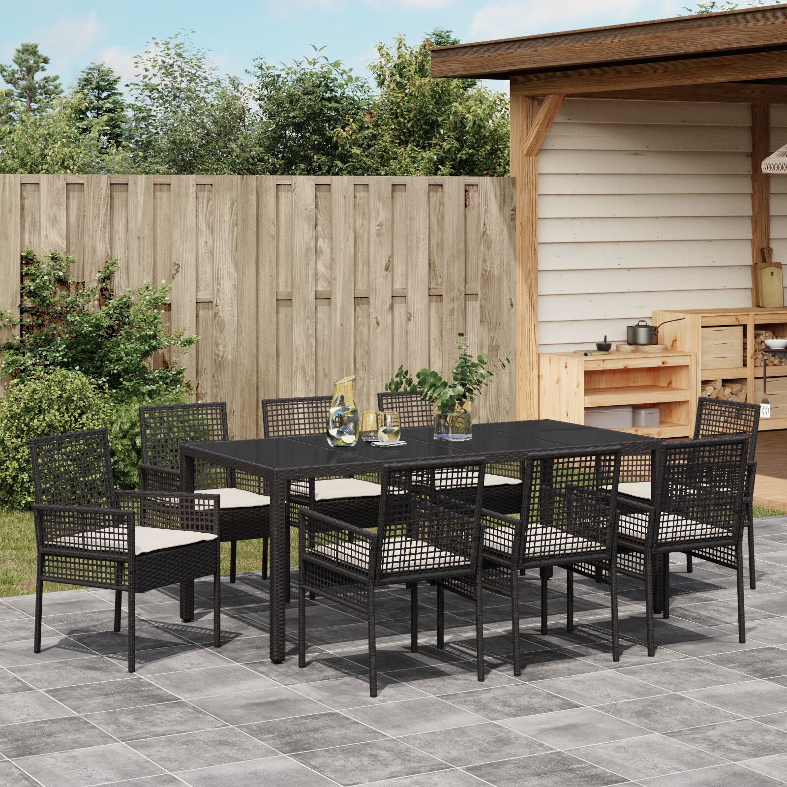 Set Van 5 Zwart Poly Rattan, Gepoeerd Staal, Gehard Glas Groot