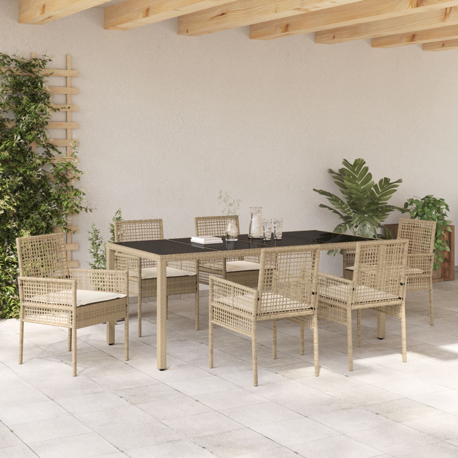 7-Delige Tuin Eetset Met Kussens Beige Poly Rattan