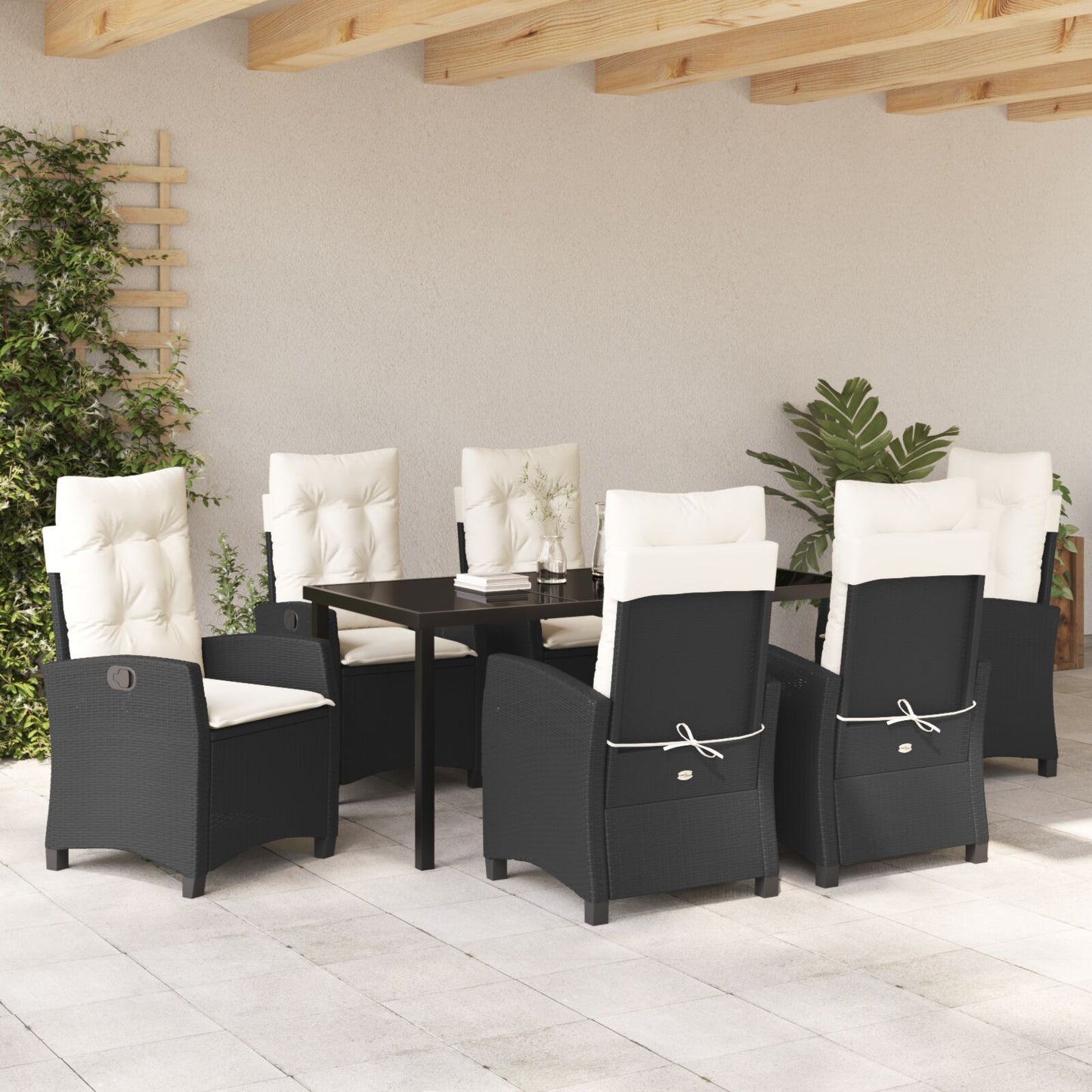 7 Delige Tuin Eetset Met Kussens Zwart Poly Rattan