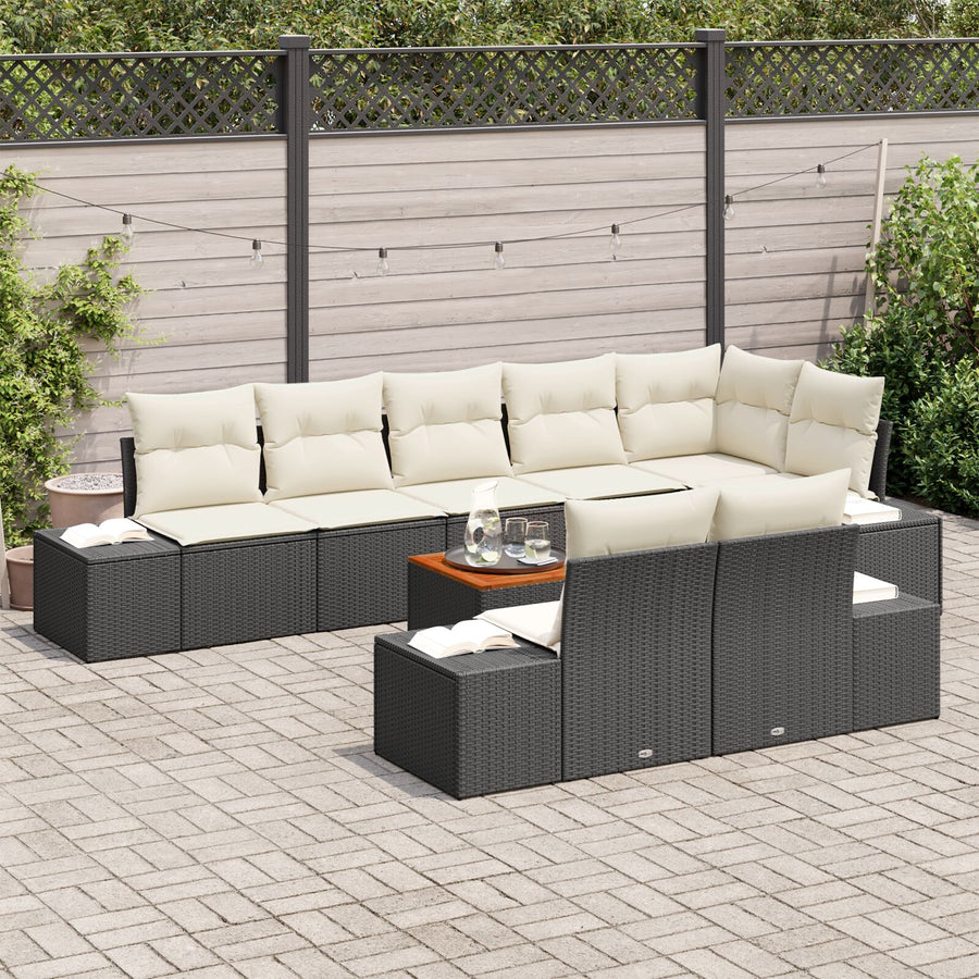 9-Delig Tuinbankstel Met Kussens Zwart Poly Rattan Acacia