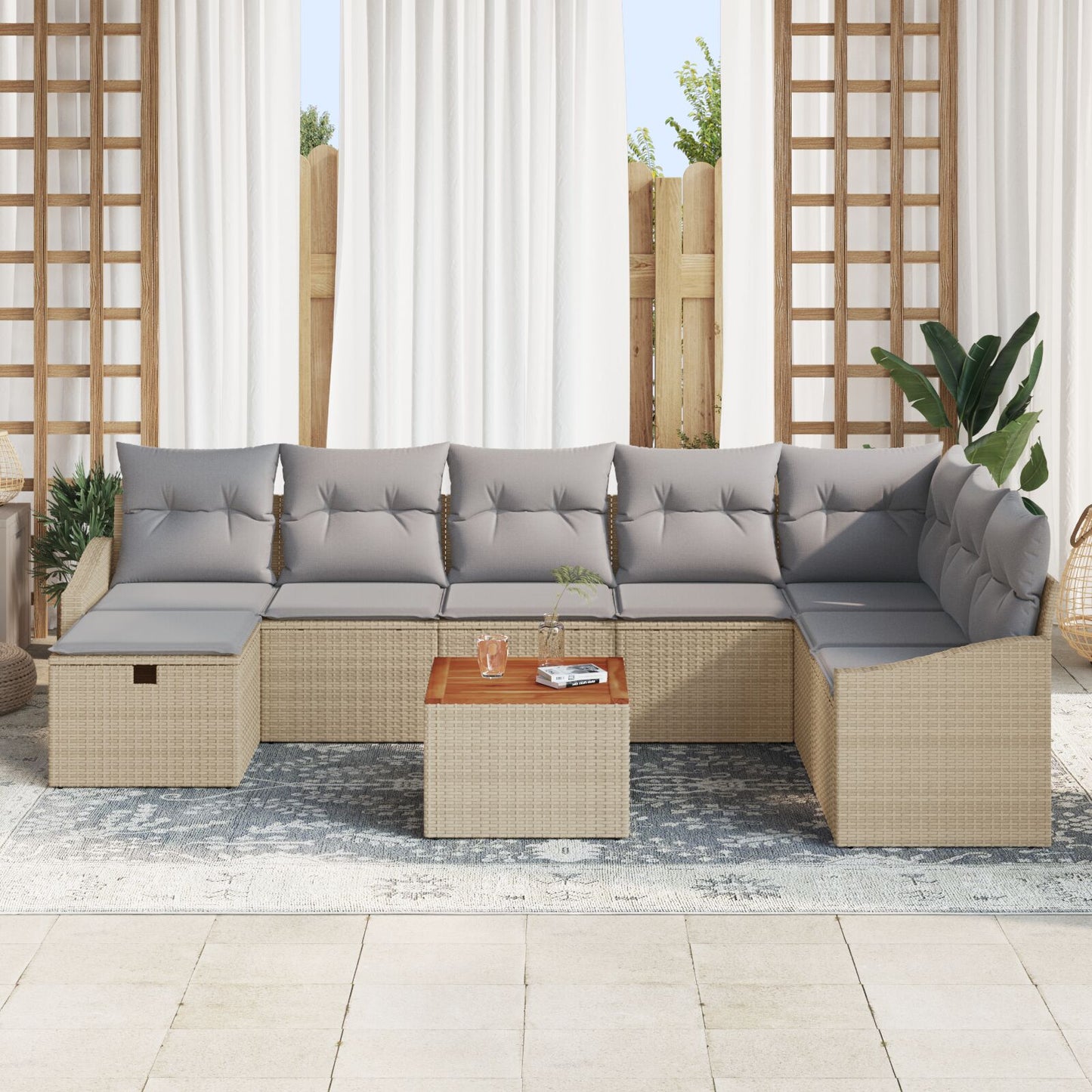 9-Delige Tuinbankset Met Kussens Beige Poly Riet