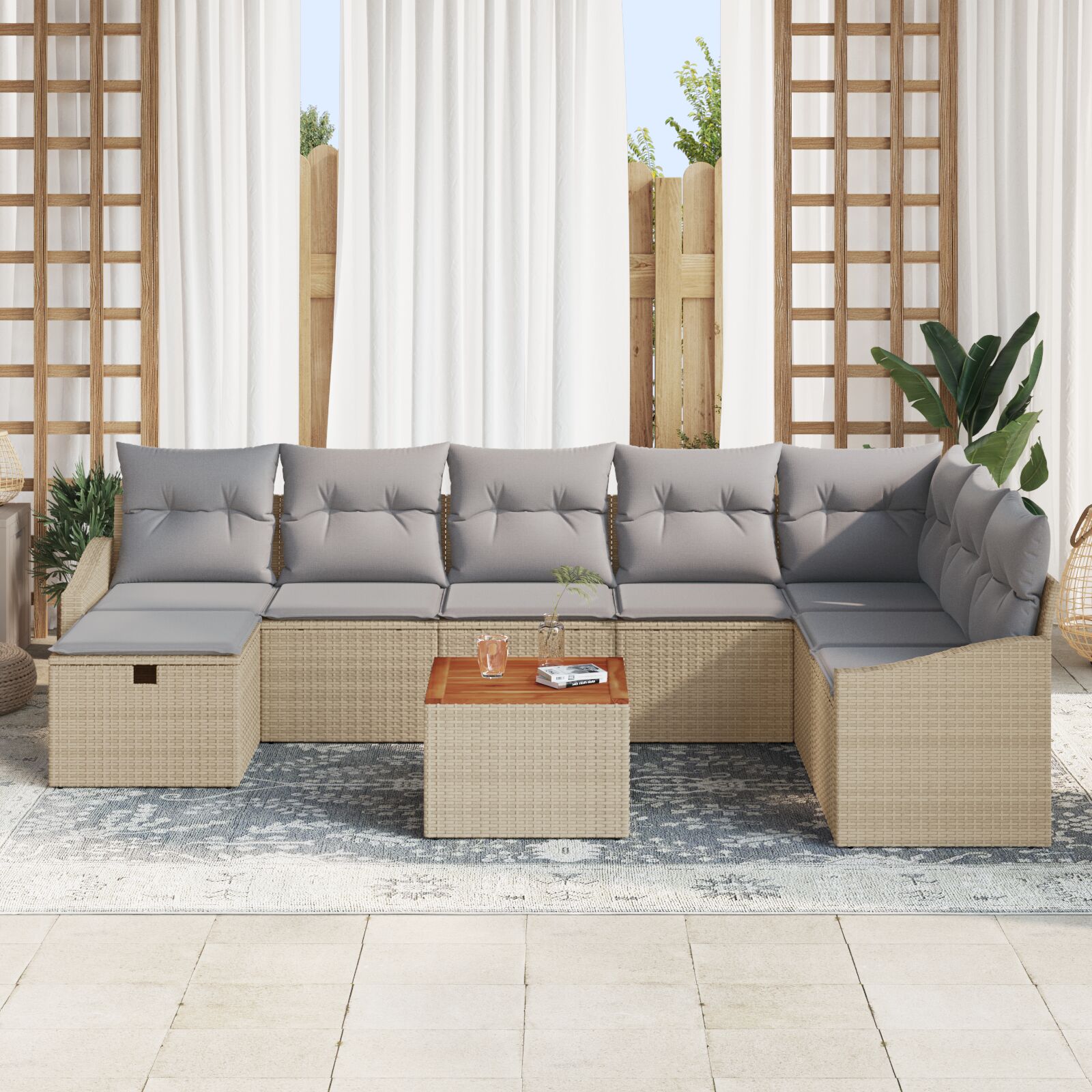 9-Delige Tuinbankset Met Kussens Beige Poly Riet
