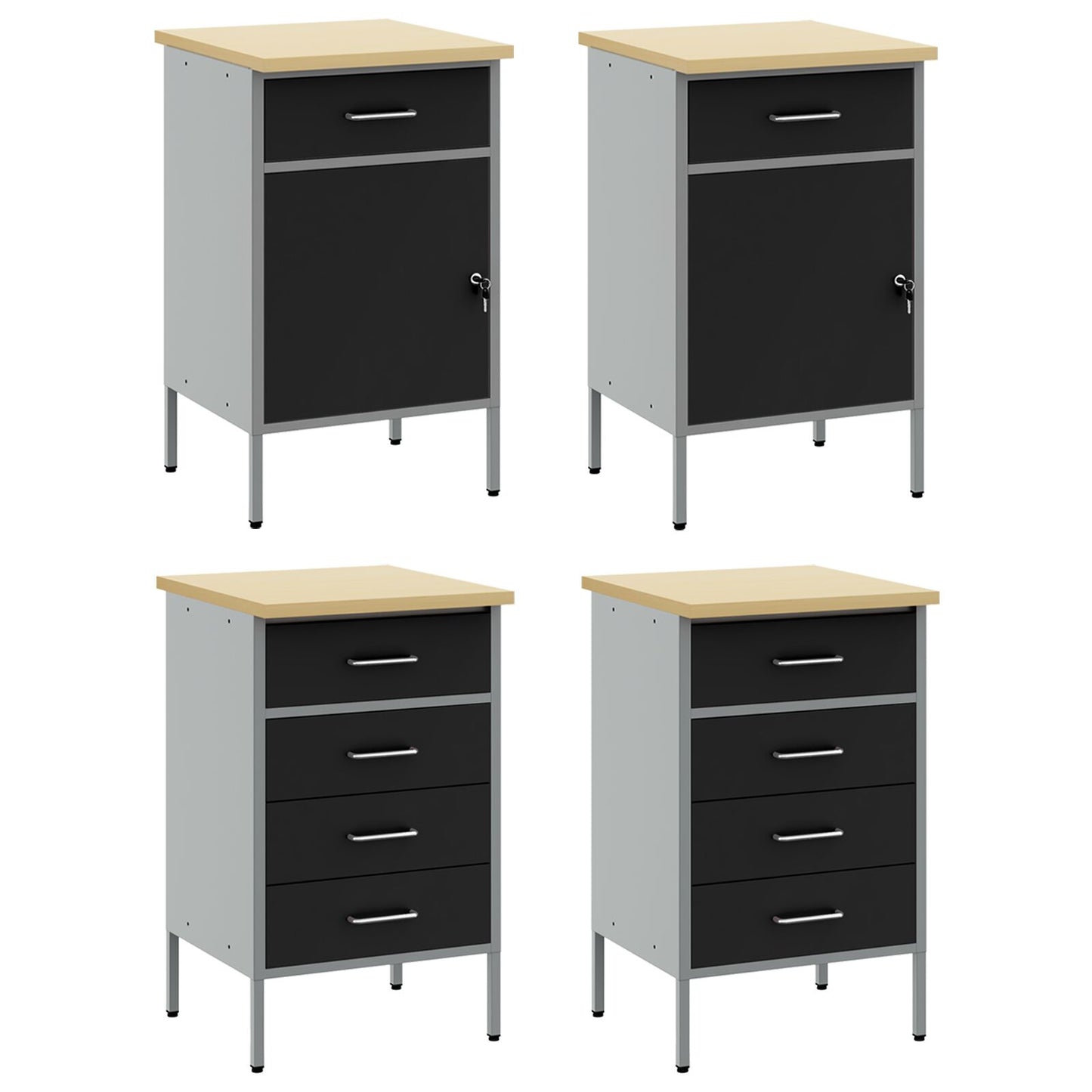 4-Delige Werkkast Set En Grijs Gelaagd Hout En Staal 4x (2x84/2x85 cm) Zwart 4x kast