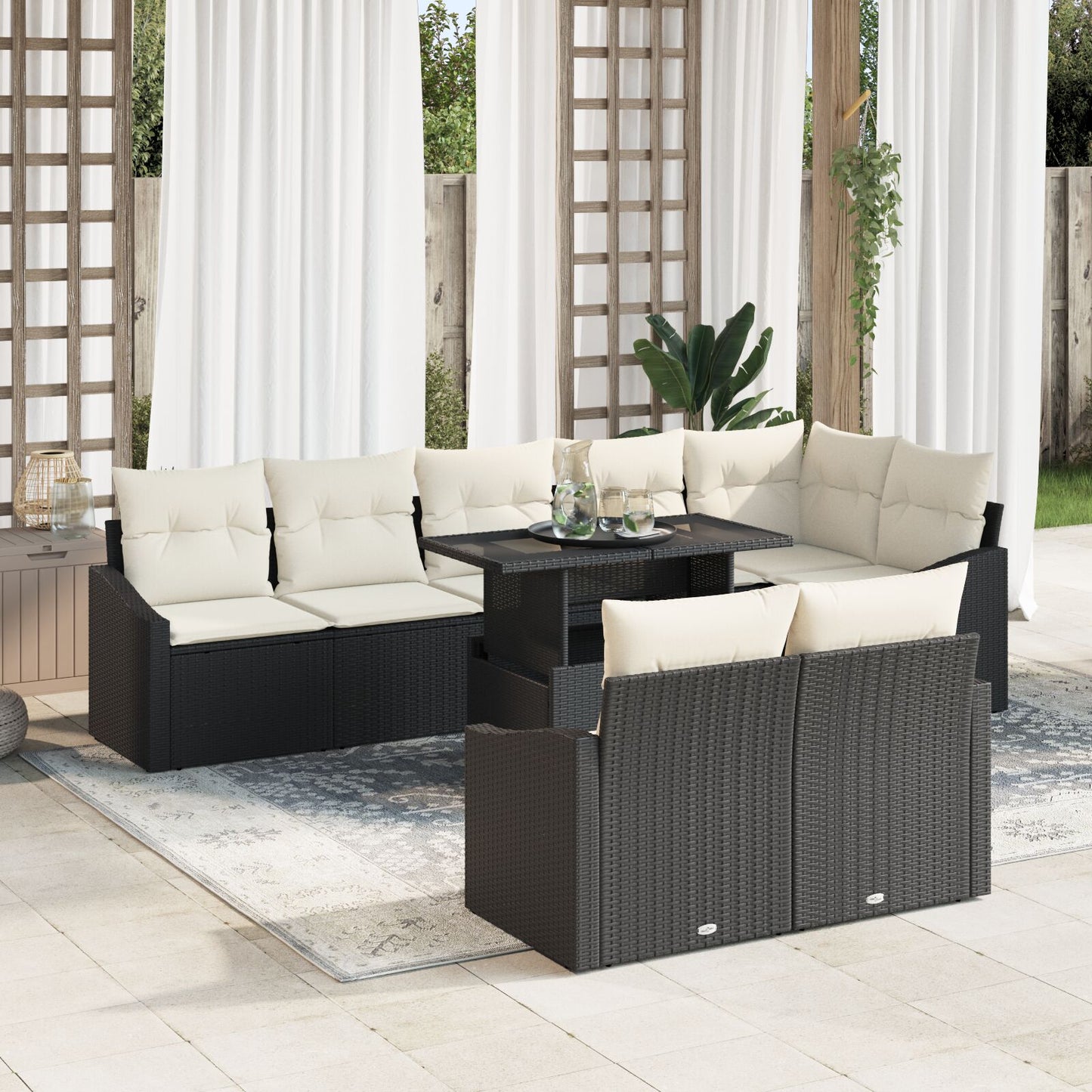 Tuinbank Set Set Van 9 Beige Rattan, Polyester, Staal