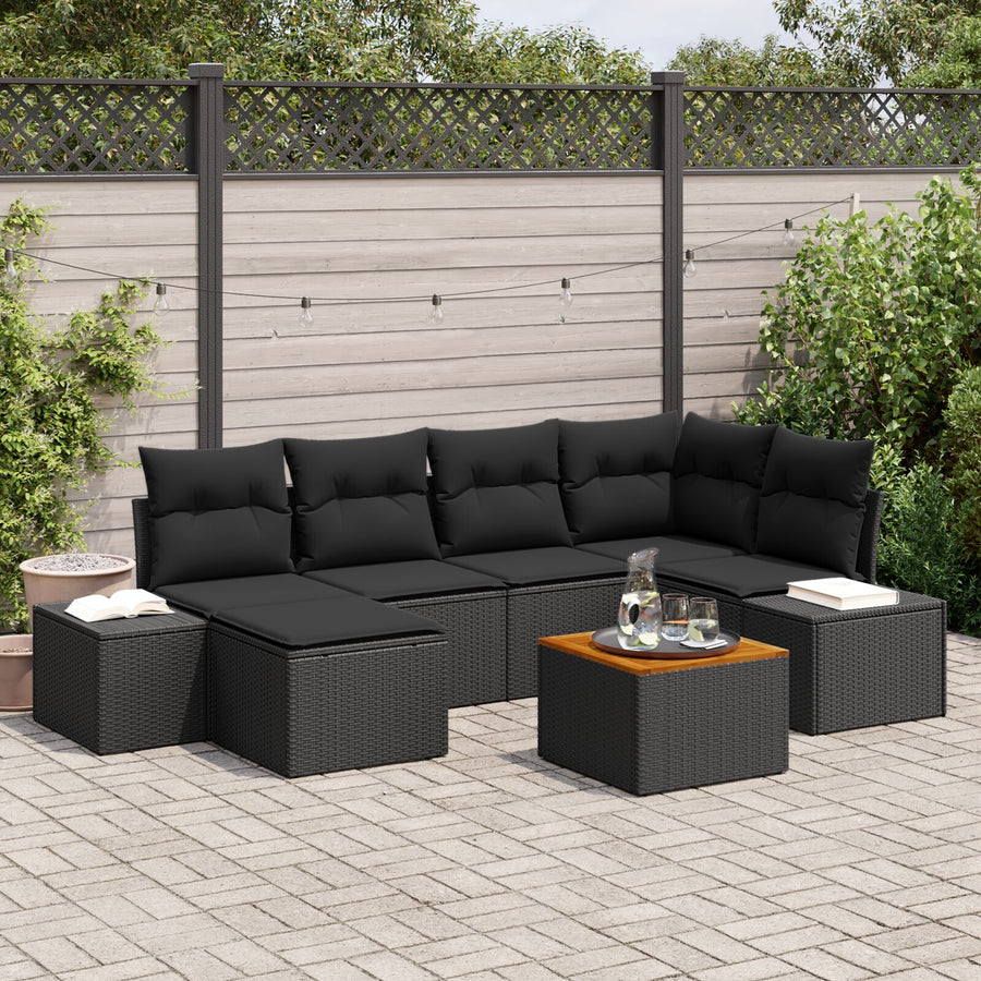 7-Delige Tuinbank Set Met Kussens Zwart Poly Rattan Acacia