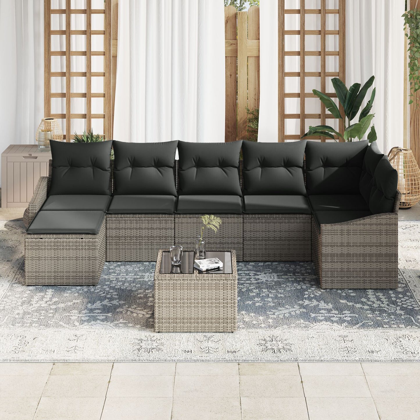 7-Delige Tuin Eetset Met Kussens Zwart Poly Rattan