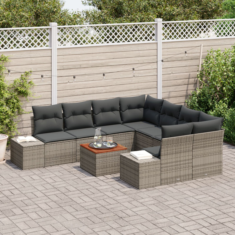 9-Delige Tuinbankset Met Kussens Grijs Poly Rattan Acacia