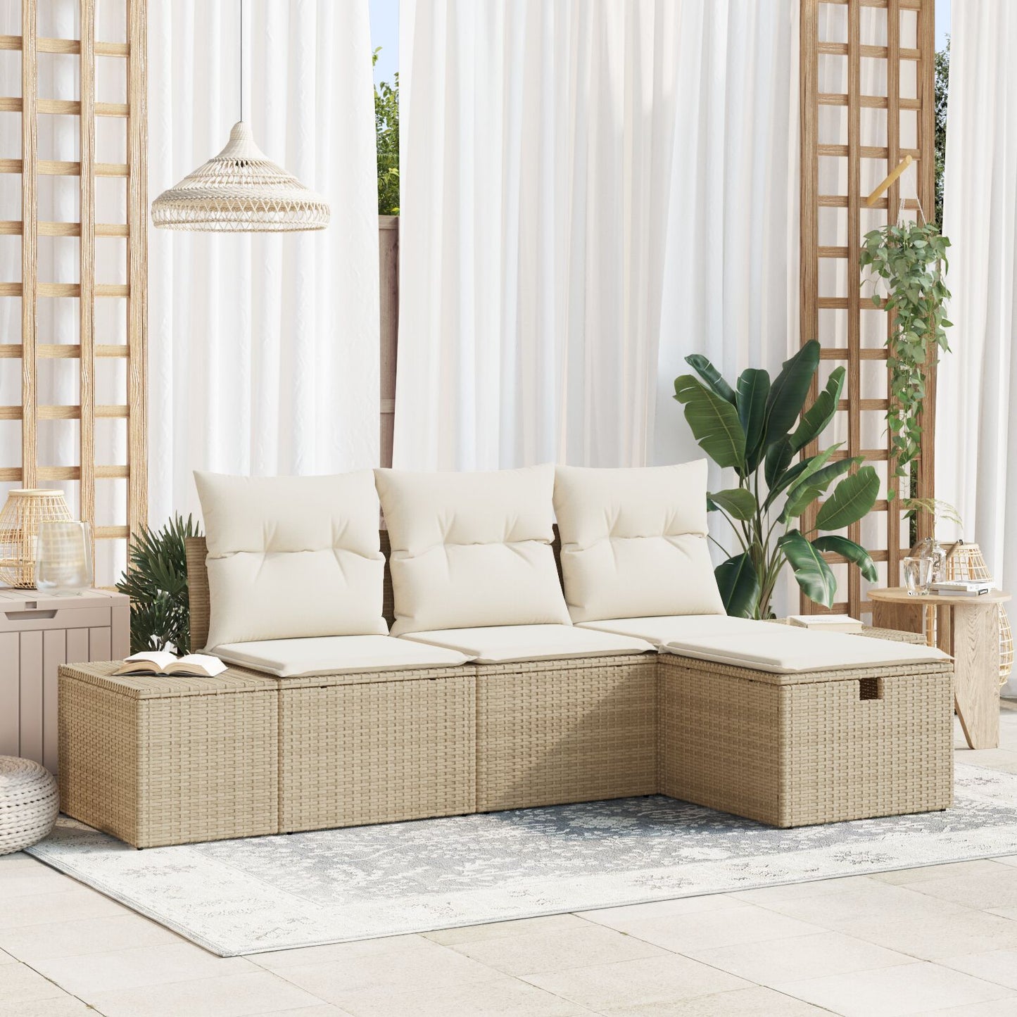 4-Delige Tuin Sofa Set Met Kussens Beige Poly Rattan Wit