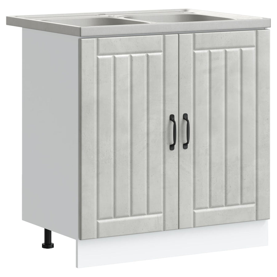 Keuken Slowcooker 'Lucca' Met Dubbele Spoelbakken, Beton-Grijs En Gelaagd Hout