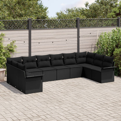 10-Delige Tuinsofa Set Met Kussens Zwart Poly Rattan