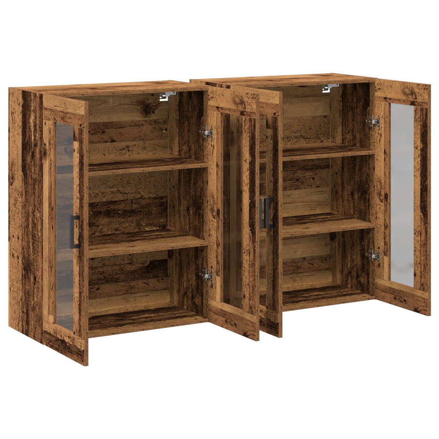 Wandkast Set Van 2 Oud Hout, Zwart Bewerkt Hout, Glas