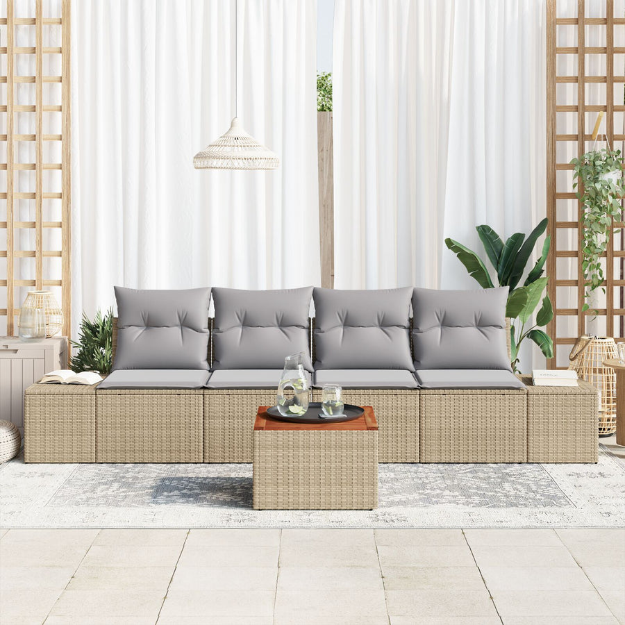 5 Delige Tuin Sofa Set Met Kussens Beige Poly Rattan Acacia