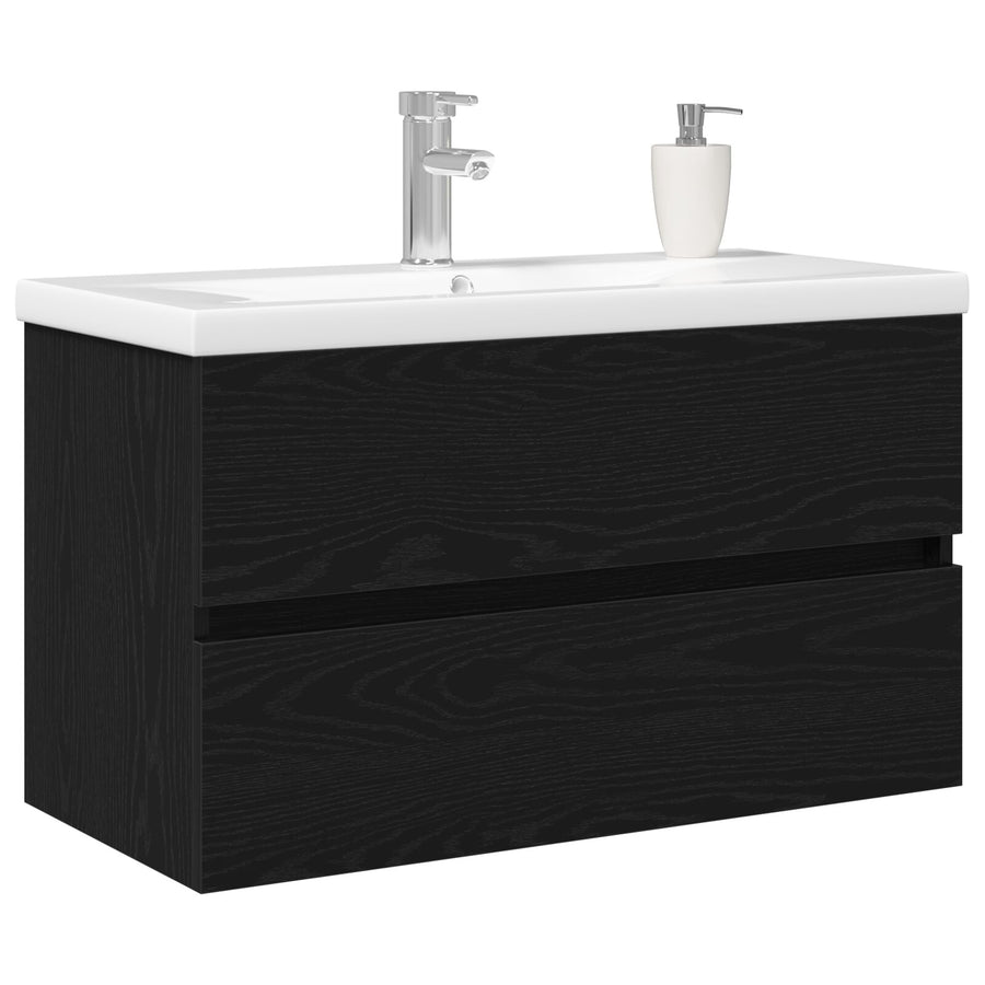 Wastafelkast Met Ingebouwde Wastafel Zwart Eiken Engineered Hout,  Wastafelkast Zwart Eiken 80X38.5X45 Cm Engineered Hout