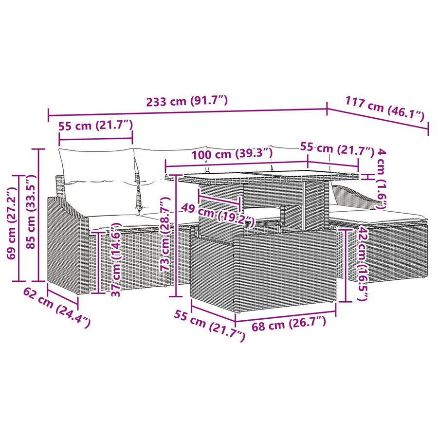 6-Delige Tuinbankset Met Kussens Zwart Poly Rattan