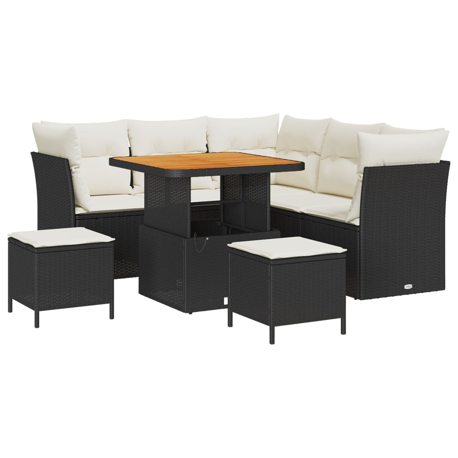 8 Stuks Tuin Sofa Set Met Kussens Zwart Poly Rattan Acacia, 3 Stuks Tuin Eettafel Set Met Kussens Zwart Poly Rattan Acacia Wit